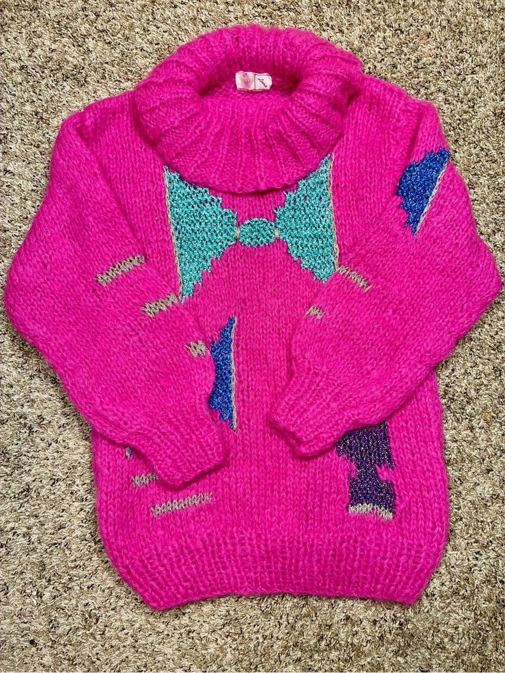 Vintage 80s Handknitted Bow Motif Neon Metallic Mohair Fuzzy Sweater